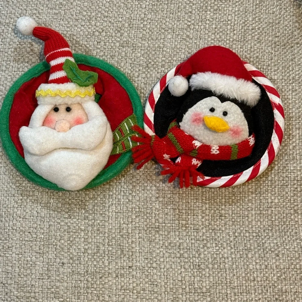 Vintage Pier 1 Cloth Santa Penguin Wine Glass Base Coasters 2pc Set